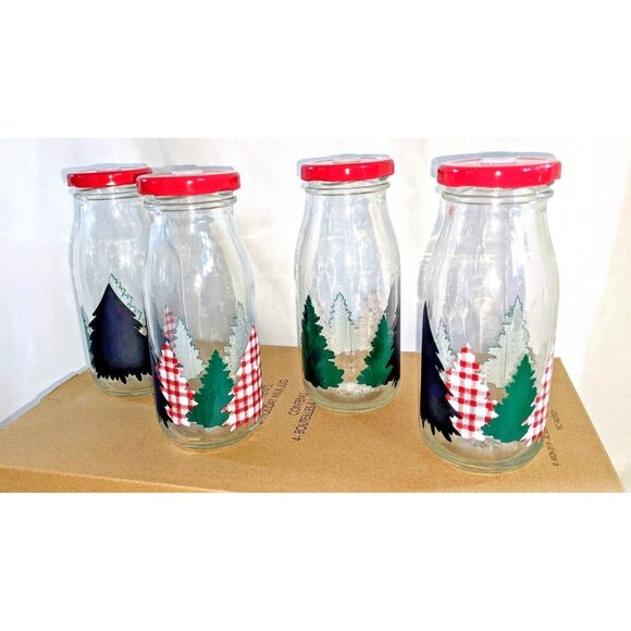 Avon Set of 4 Holiday Milk Bottles 8oz – Christmas Glass Jars with Lids NIB - Picture 2 of 5